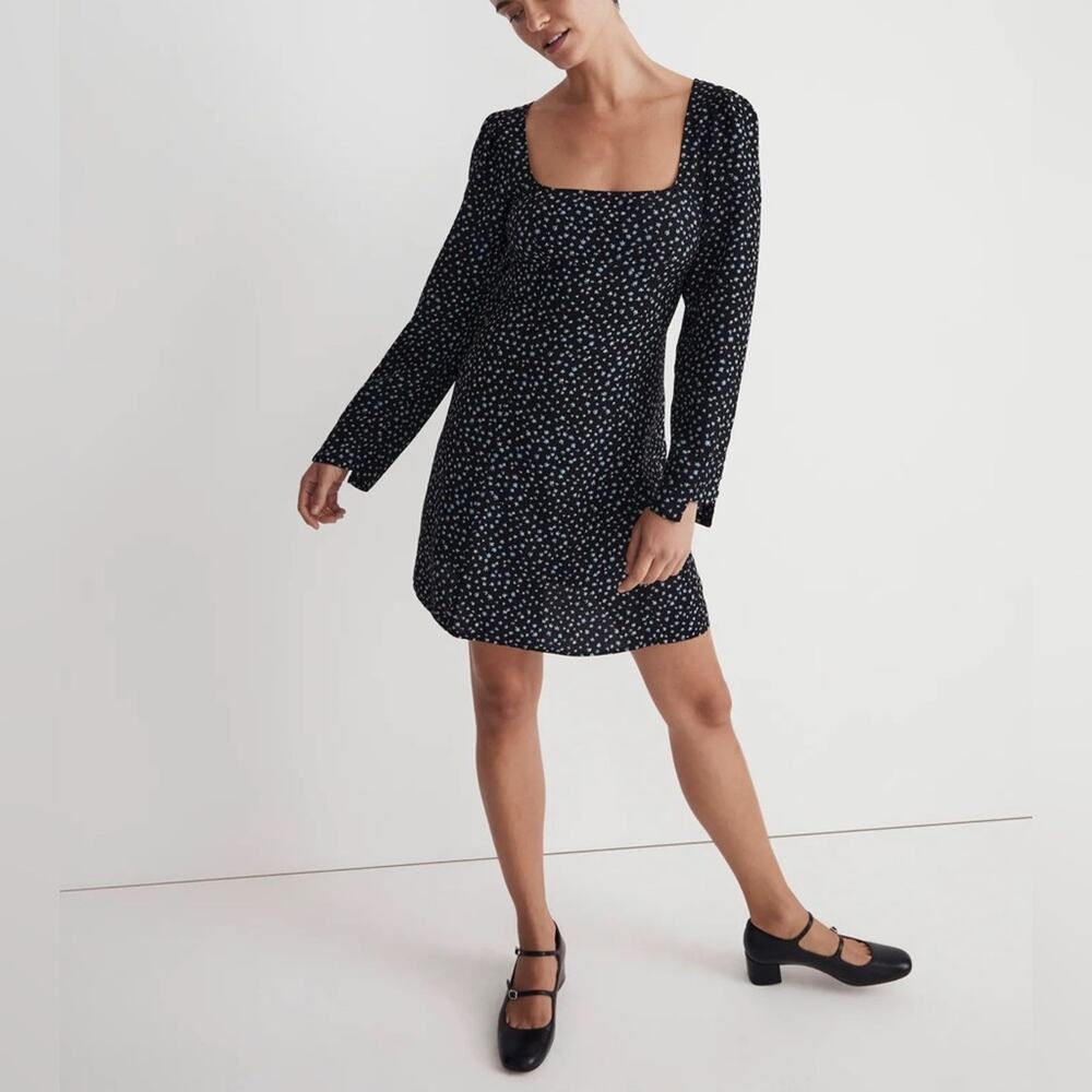 Madewell Seamed Long-Sleeve Mini Dress in Ditsy Floral Black Blue Size 14